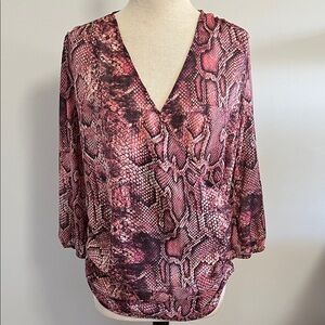 Aqua Snake Print Surplice Faux Wrap Blouse